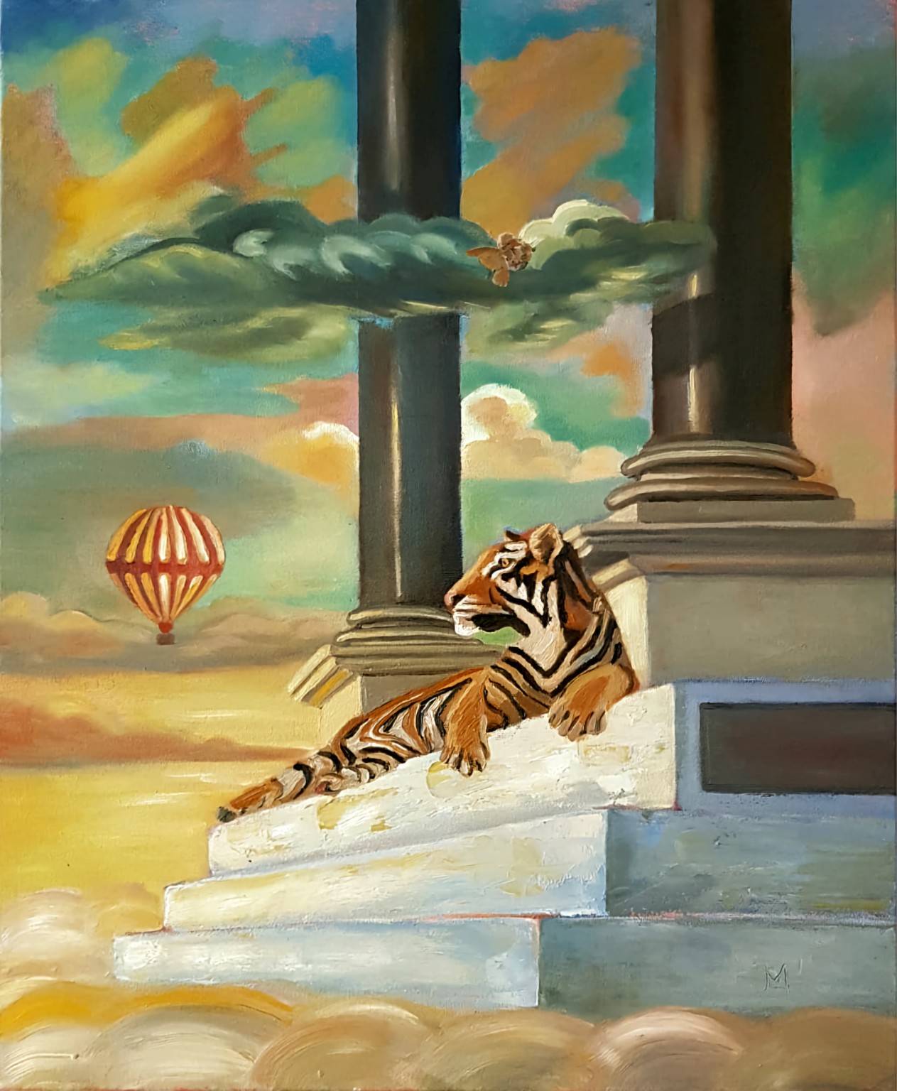 Tiger on steps surreal painting